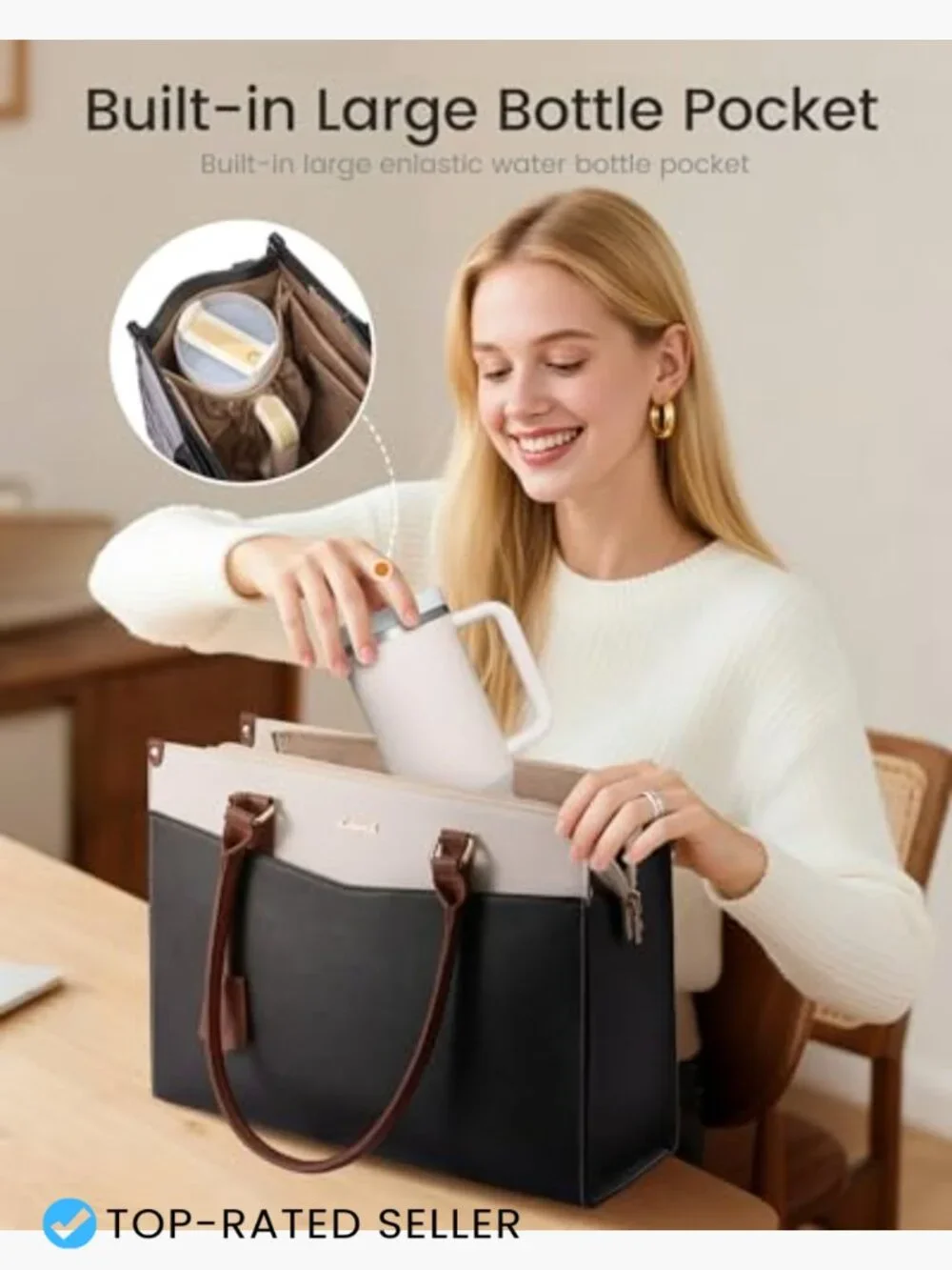 2-in-1 Laptop Tote Bag with Removable Clutch & Cup Holder, Waterproof Work